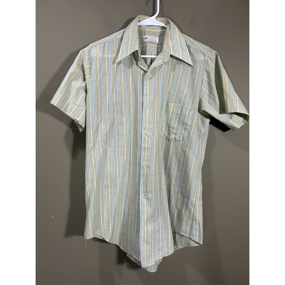 Vintage Kmart 70s Mens Multi Stripe Short Sleeve Shirt Pocket Sanforized Medium